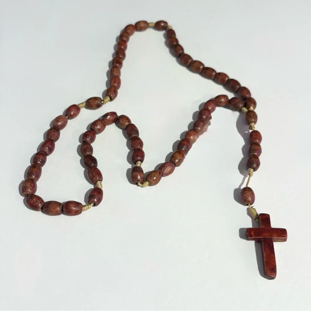 Wood Rosary Prayer Beads Handmade Necklace Catholic Crucifix Religious
